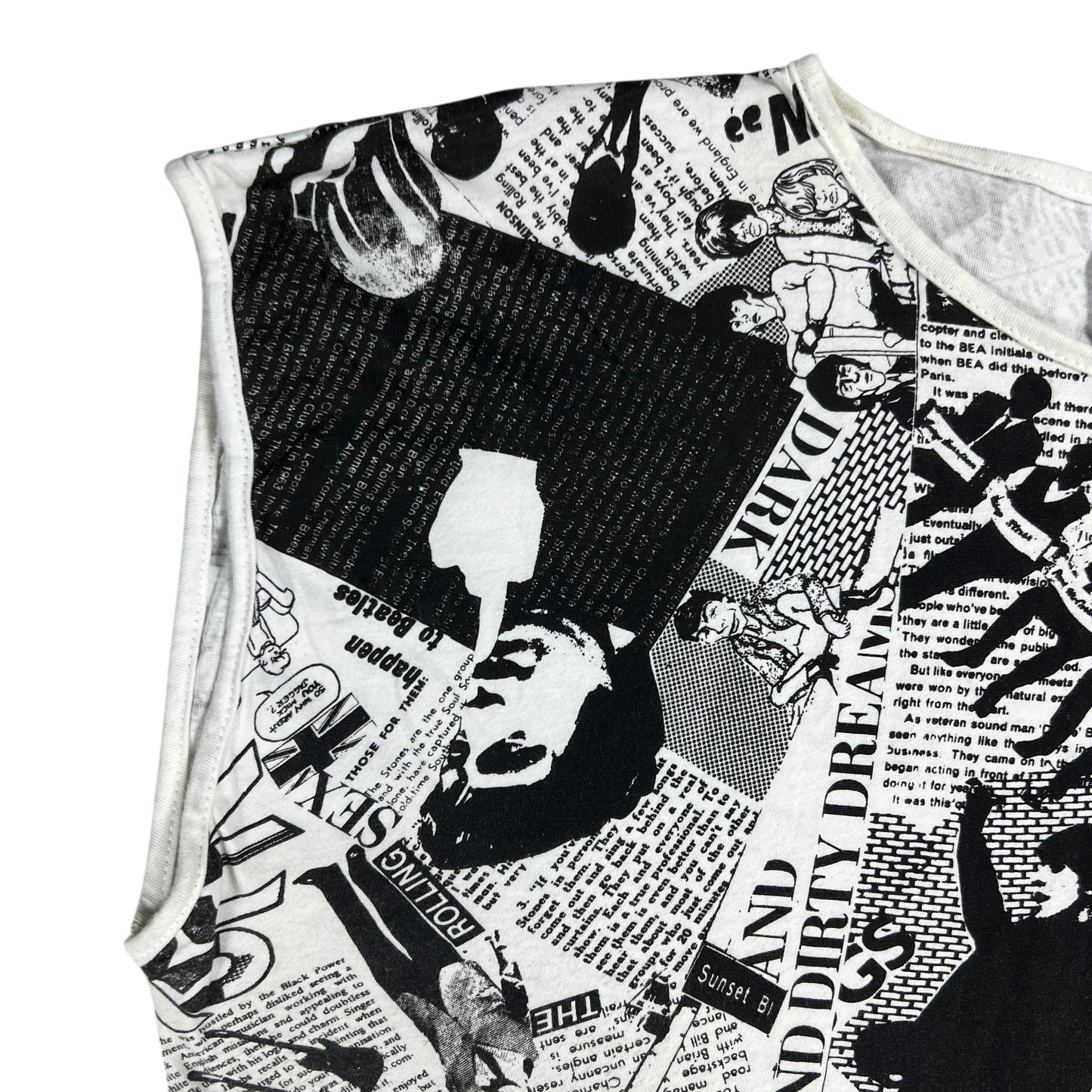 Vintage 80s Punk Anarchy British Invasion Rolling Stones Sex Pistols Beatles Jimi Hendrix Led Zeppelin news paper all over print band tank top shirt (L)