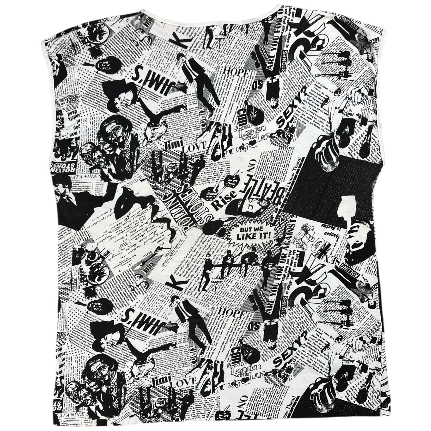 Vintage 80s Punk Anarchy British Invasion Rolling Stones Sex Pistols Beatles Jimi Hendrix Led Zeppelin news paper all over print band tank top shirt (L)