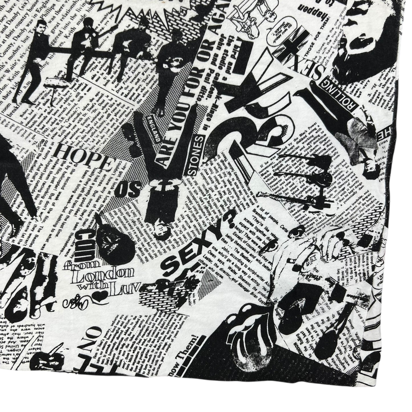 Vintage 80s Punk Anarchy British Invasion Rolling Stones Sex Pistols Beatles Jimi Hendrix Led Zeppelin news paper all over print band tank top shirt (L)