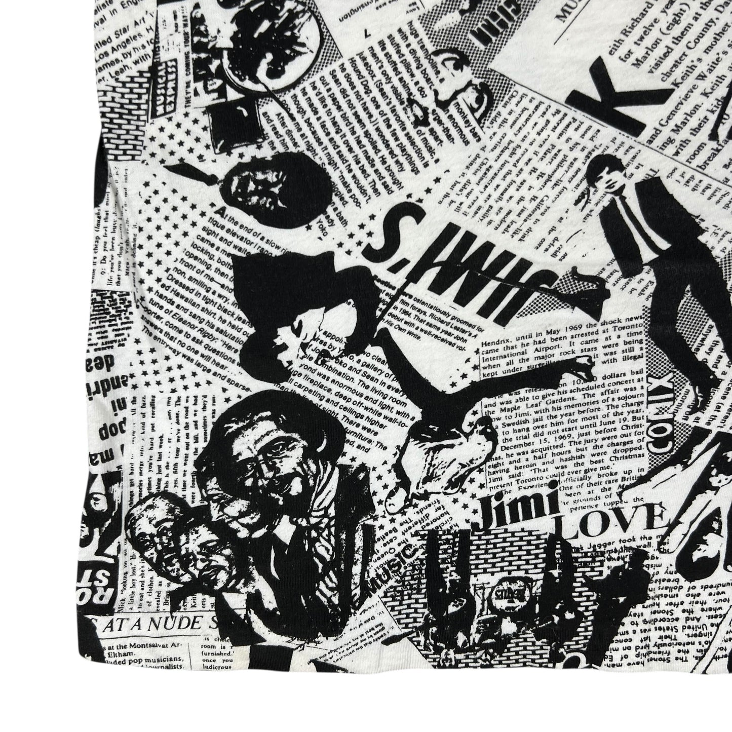 Vintage 80s Punk Anarchy British Invasion Rolling Stones Sex Pistols Beatles Jimi Hendrix Led Zeppelin news paper all over print band tank top shirt (L)