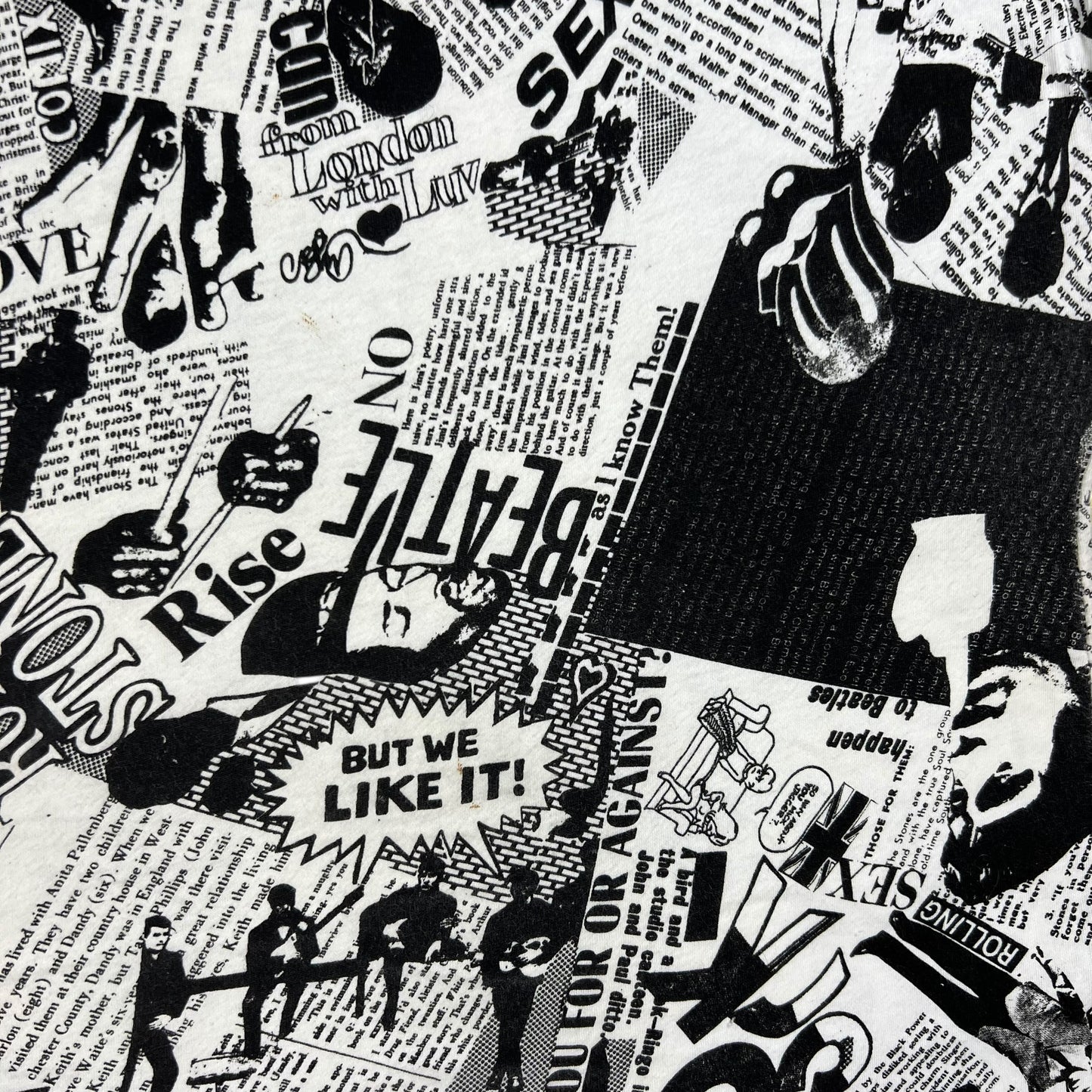 Vintage 80s Punk Anarchy British Invasion Rolling Stones Sex Pistols Beatles Jimi Hendrix Led Zeppelin news paper all over print band tank top shirt (L)