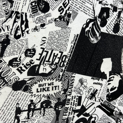 Vintage 80s Punk Anarchy British Invasion Rolling Stones Sex Pistols Beatles Jimi Hendrix Led Zeppelin news paper all over print band tank top shirt (L)