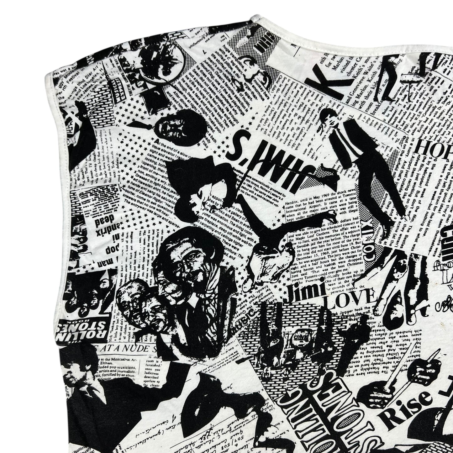 Vintage 80s Punk Anarchy British Invasion Rolling Stones Sex Pistols Beatles Jimi Hendrix Led Zeppelin news paper all over print band tank top shirt (L)