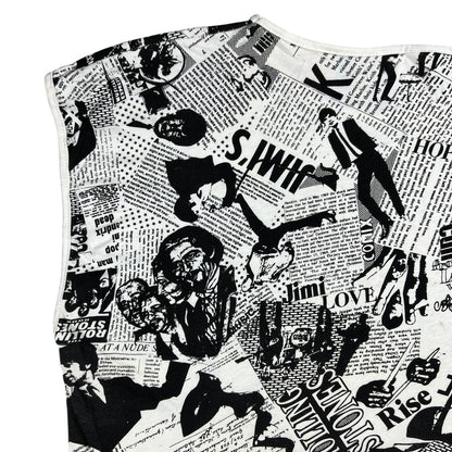 Vintage 80s Punk Anarchy British Invasion Rolling Stones Sex Pistols Beatles Jimi Hendrix Led Zeppelin news paper all over print band tank top shirt (L)