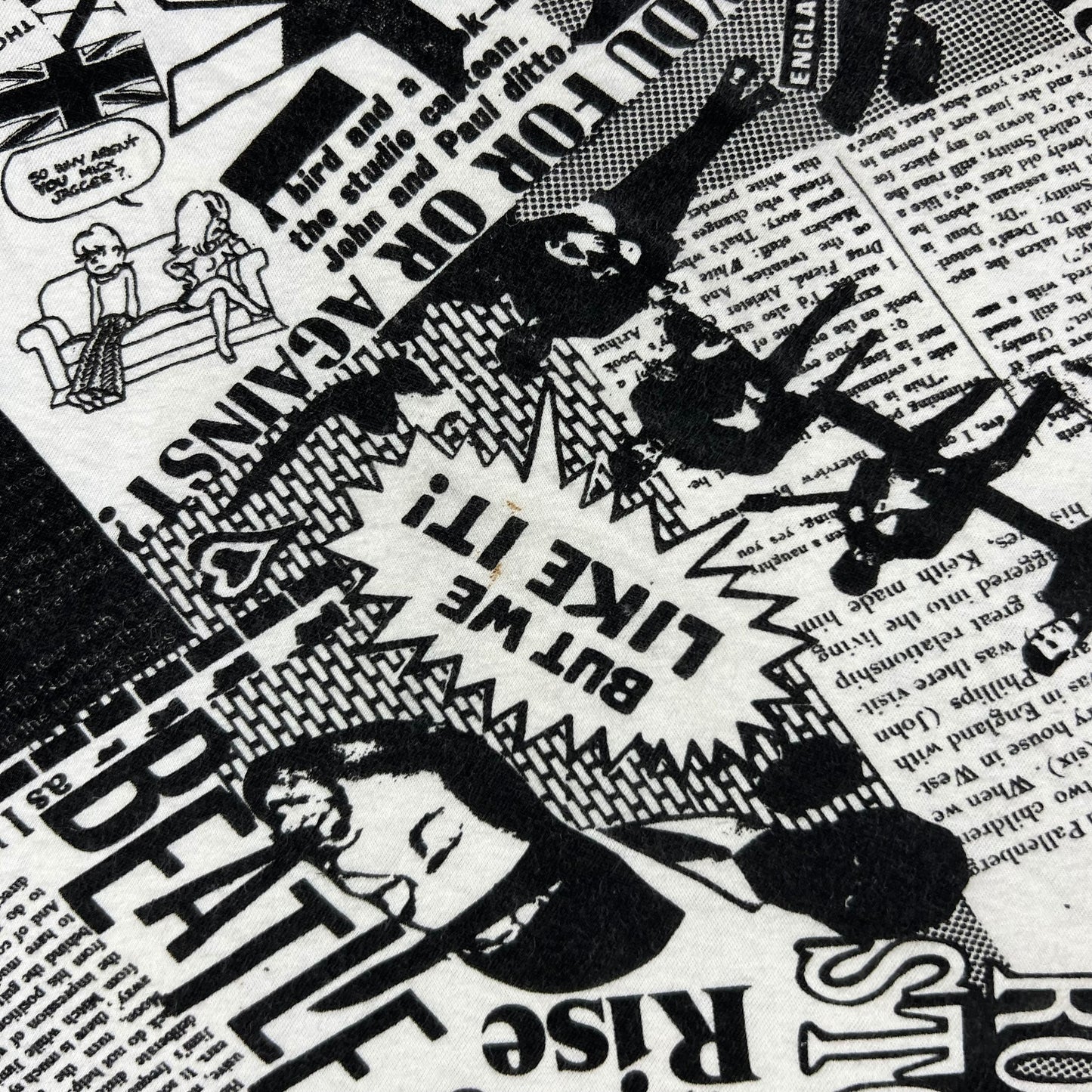 Vintage 80s Punk Anarchy British Invasion Rolling Stones Sex Pistols Beatles Jimi Hendrix Led Zeppelin news paper all over print band tank top shirt (L)