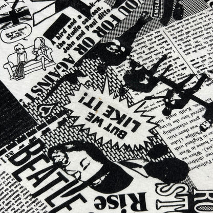 Vintage 80s Punk Anarchy British Invasion Rolling Stones Sex Pistols Beatles Jimi Hendrix Led Zeppelin news paper all over print band tank top shirt (L)