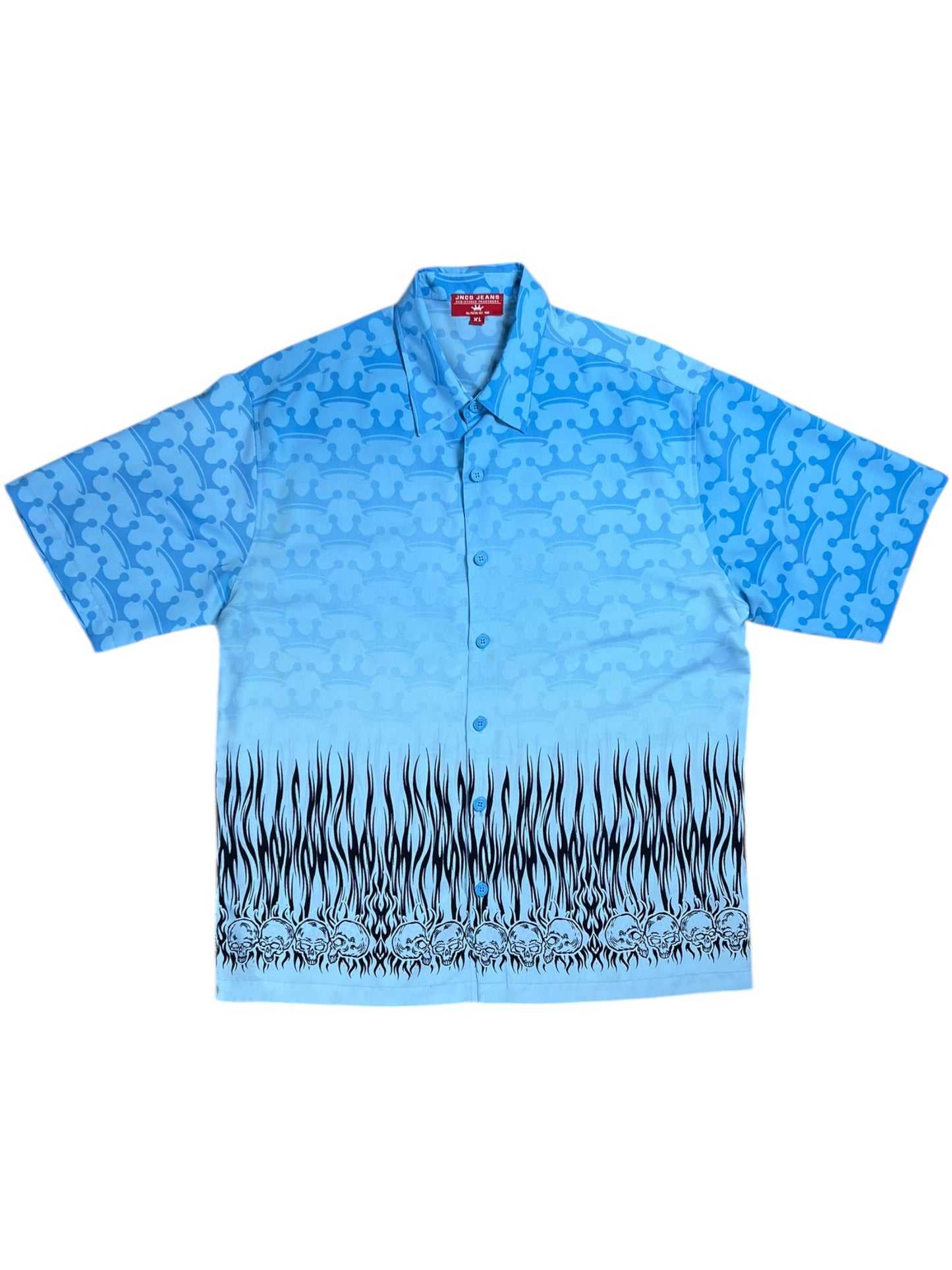 Vintage Y2K JNCO Jeans blue flames all over print Hawaiian shirt (XL)