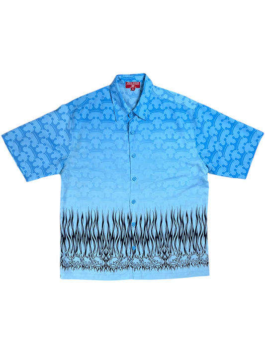 Vintage Y2K JNCO Jeans blue flames all over print Hawaiian shirt (XL)