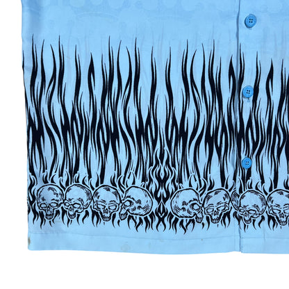 Vintage Y2K JNCO Jeans blue flames all over print Hawaiian shirt (XL)