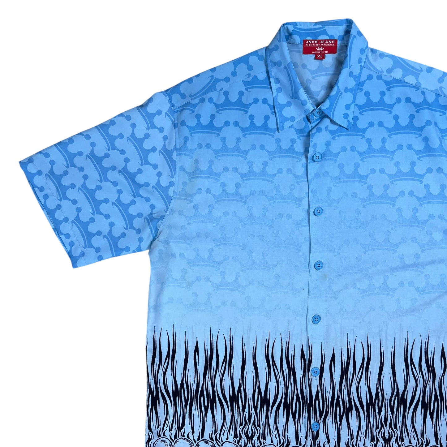 Vintage Y2K JNCO Jeans blue flames all over print Hawaiian shirt (XL)