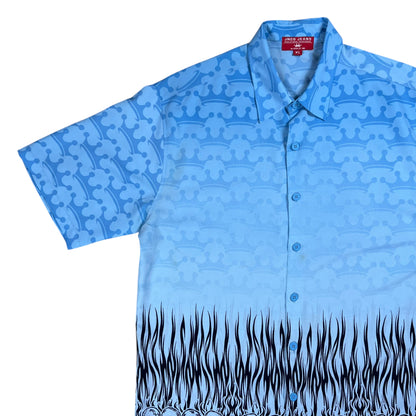 Vintage Y2K JNCO Jeans blue flames all over print Hawaiian shirt (XL)
