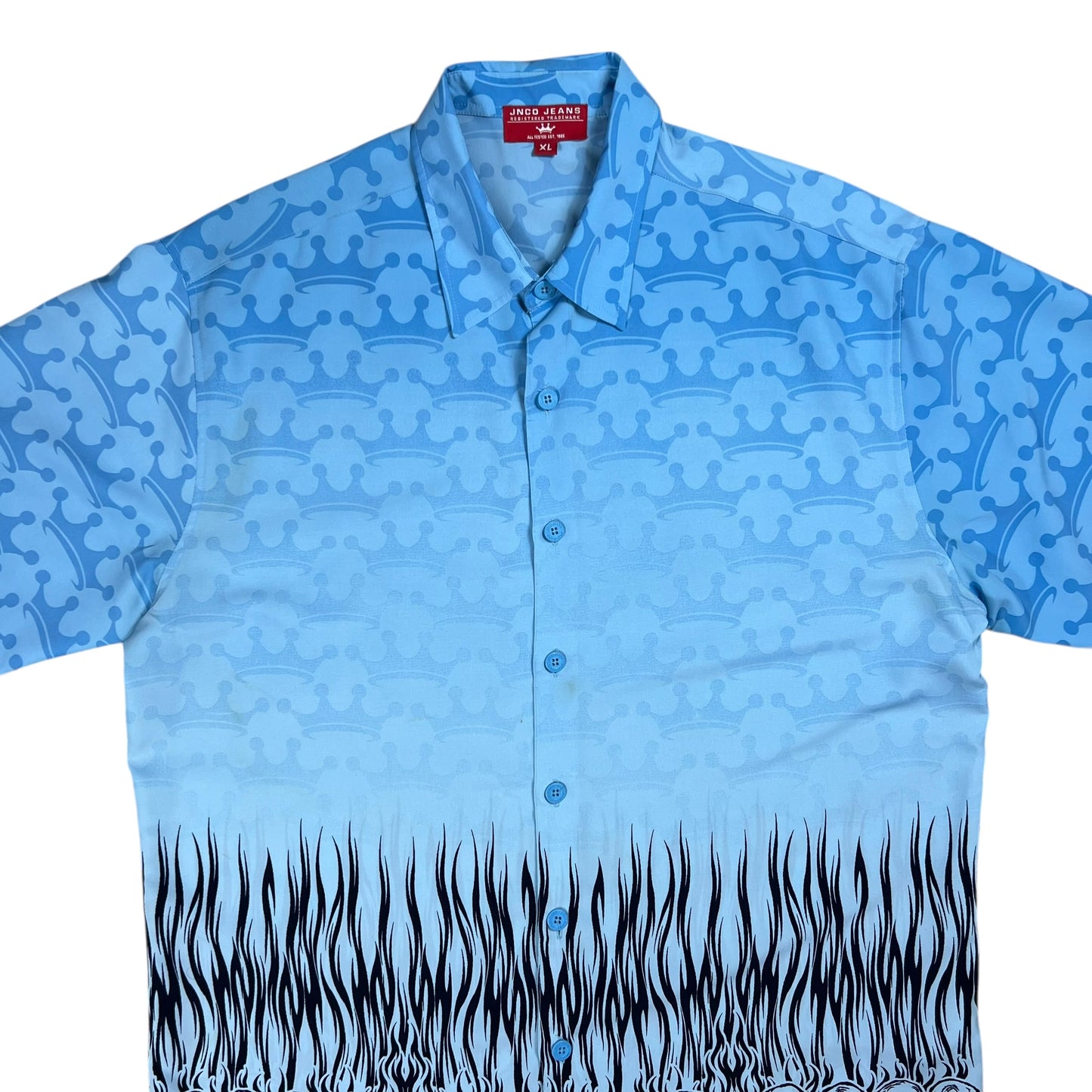 Vintage Y2K JNCO Jeans blue flames all over print Hawaiian shirt (XL)