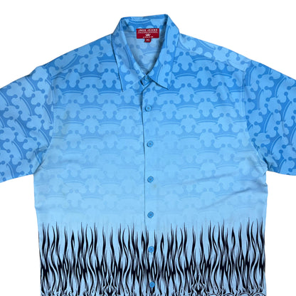 Vintage Y2K JNCO Jeans blue flames all over print Hawaiian shirt (XL)