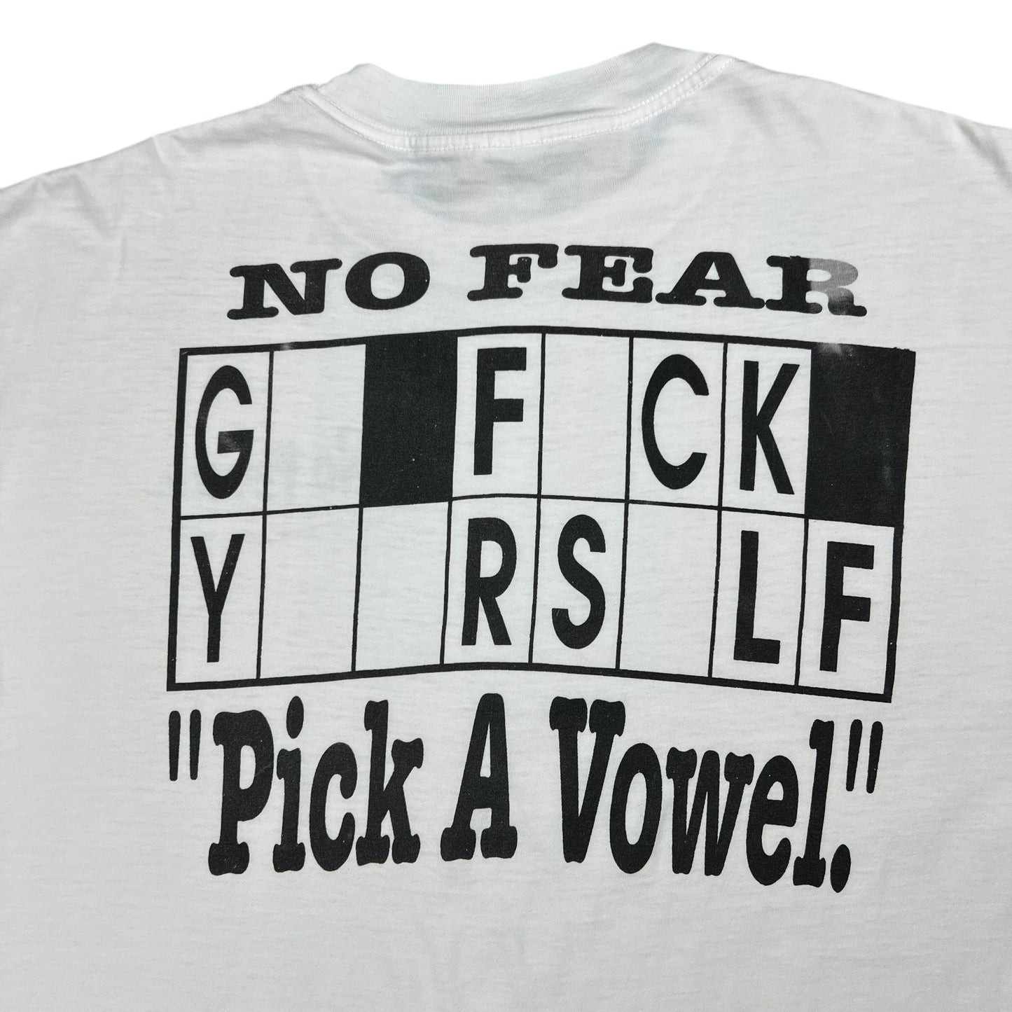 Vintage 90s NO FEAR G• F•CK Y••RS•LF “Pick A Vowel.” Faded NSFW tee (L)