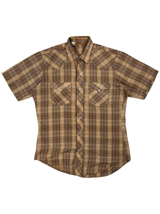 Vintage 1970s plaid short sleeve pearl snap button up shirt (L)