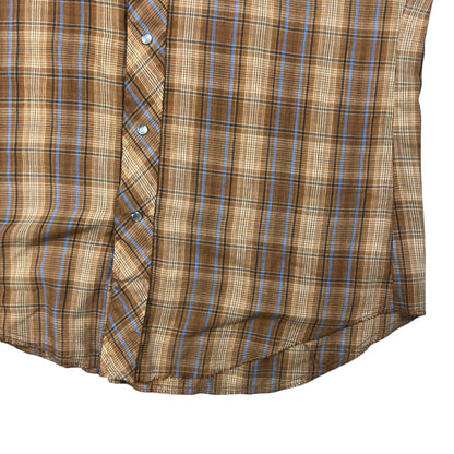 Vintage 1970s plaid short sleeve pearl snap button up shirt (L)