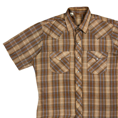 Vintage 1970s plaid short sleeve pearl snap button up shirt (L)