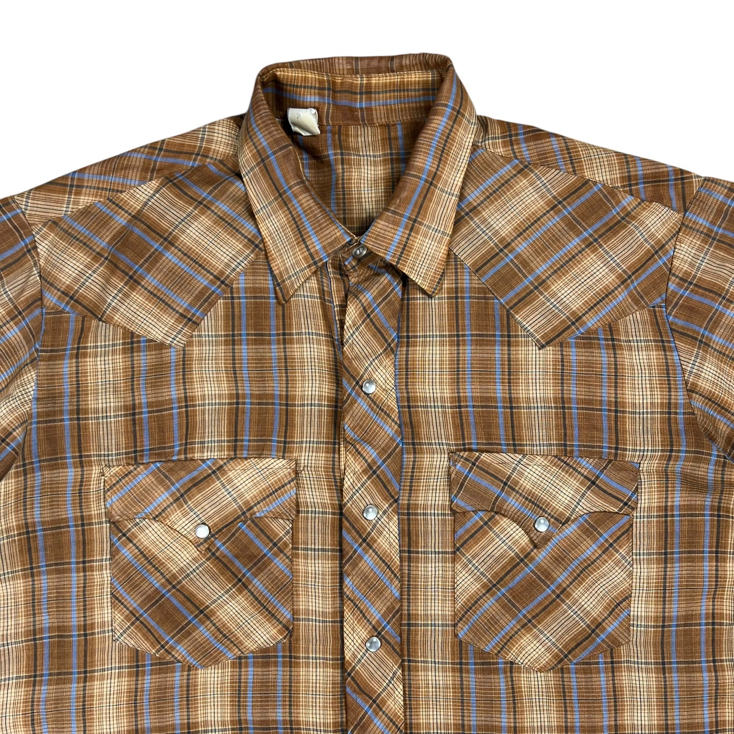 Vintage 1970s plaid short sleeve pearl snap button up shirt (L)