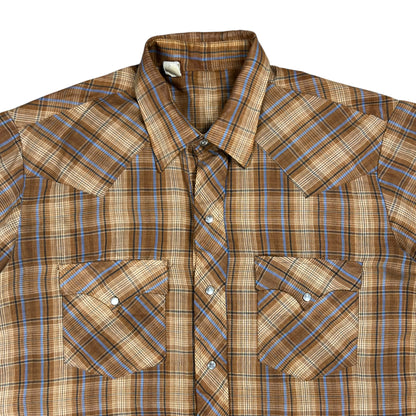 Vintage 1970s plaid short sleeve pearl snap button up shirt (L)