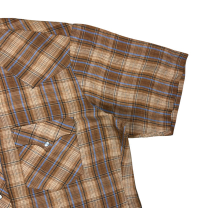Vintage 1970s plaid short sleeve pearl snap button up shirt (L)