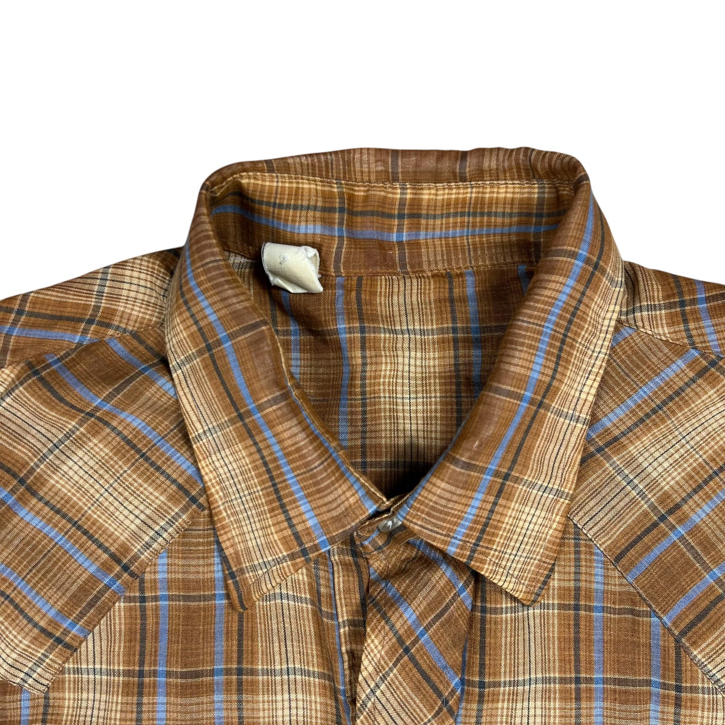 Vintage 1970s plaid short sleeve pearl snap button up shirt (L)