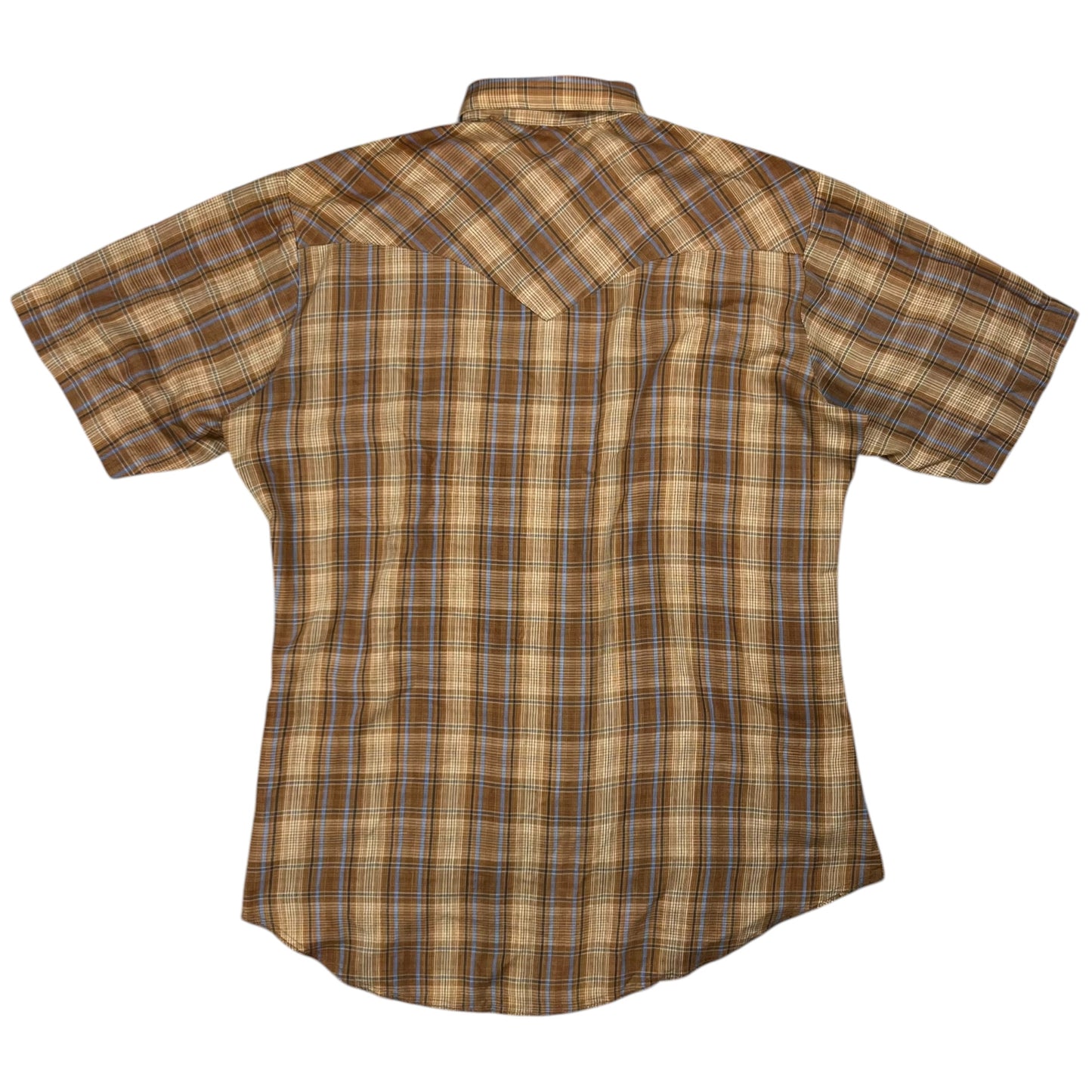 Vintage 1970s plaid short sleeve pearl snap button up shirt (L)