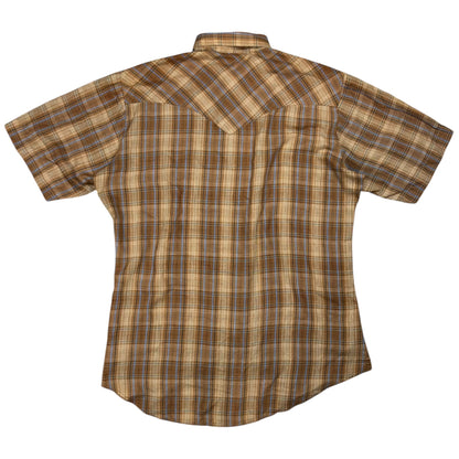 Vintage 1970s plaid short sleeve pearl snap button up shirt (L)