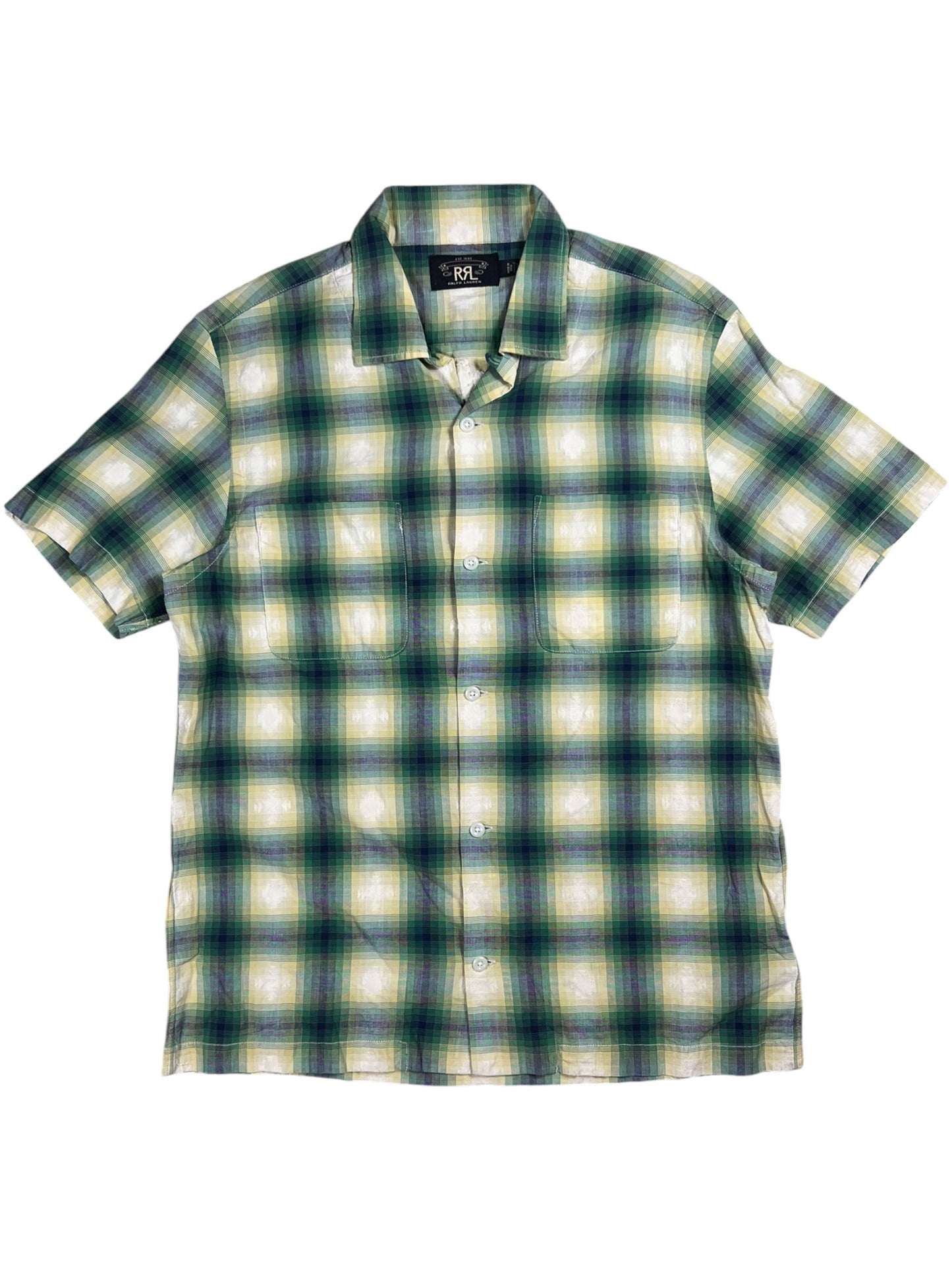 RRL Ralph Lauren Plaid Jacquard button up loop button camp shirt (M)