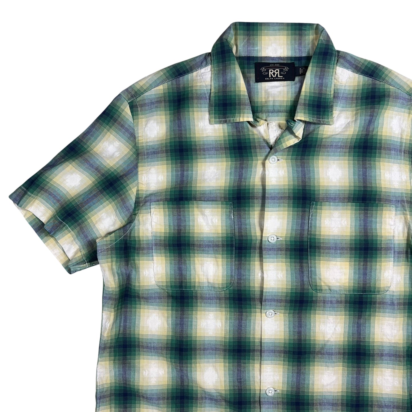 RRL Ralph Lauren Plaid Jacquard button up loop button camp shirt (M)