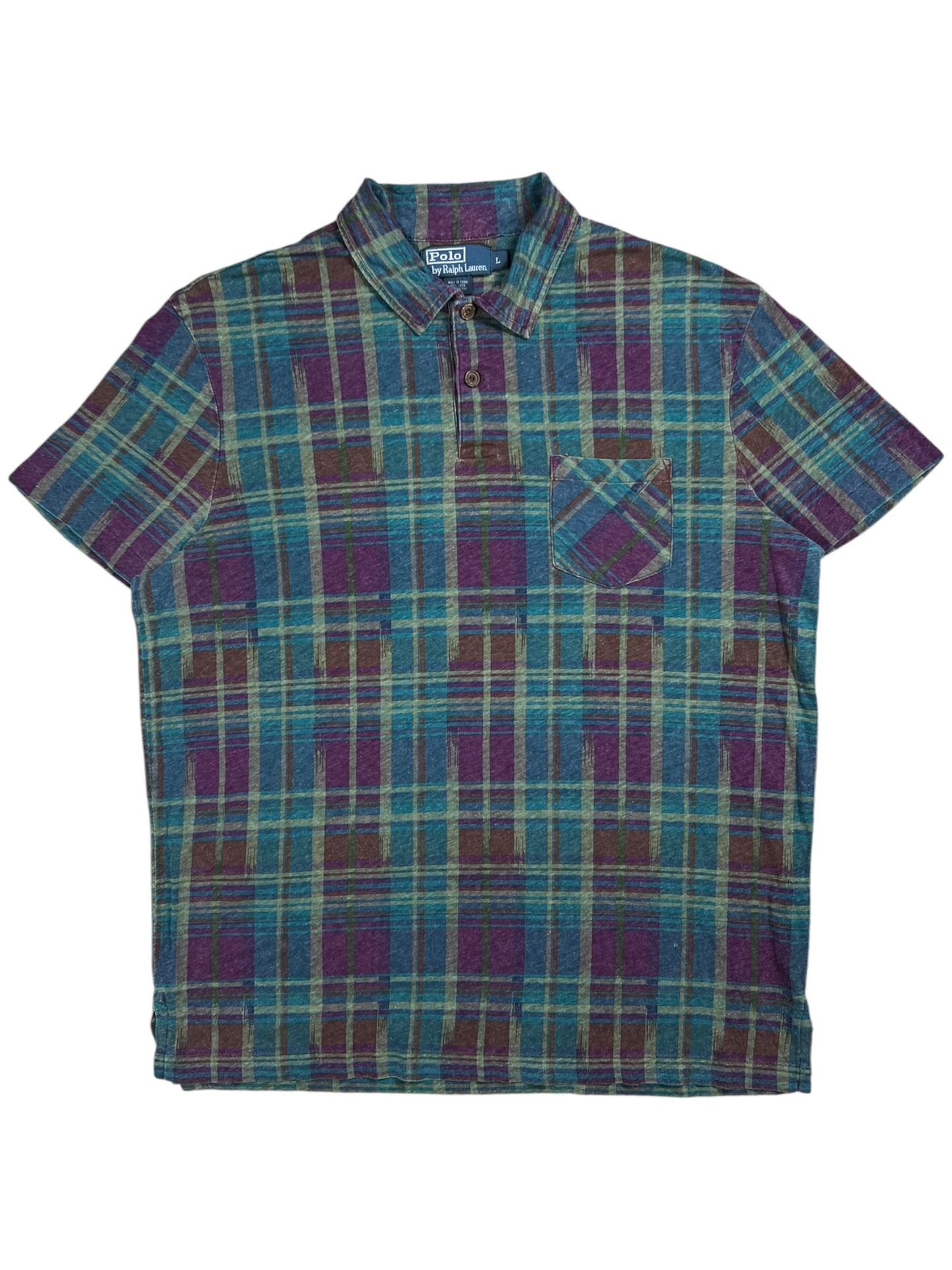 Vintage 90s Polo Ralph Lauren linen blend wood buttons plaid polo shirt (L)