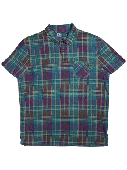 Vintage 90s Polo Ralph Lauren linen blend wood buttons plaid polo shirt (L)