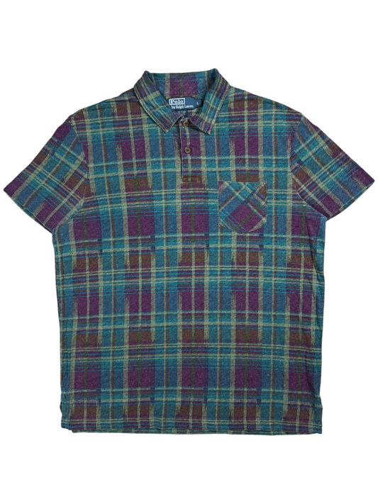 Vintage 90s Polo Ralph Lauren linen blend wood buttons plaid polo shirt (L)