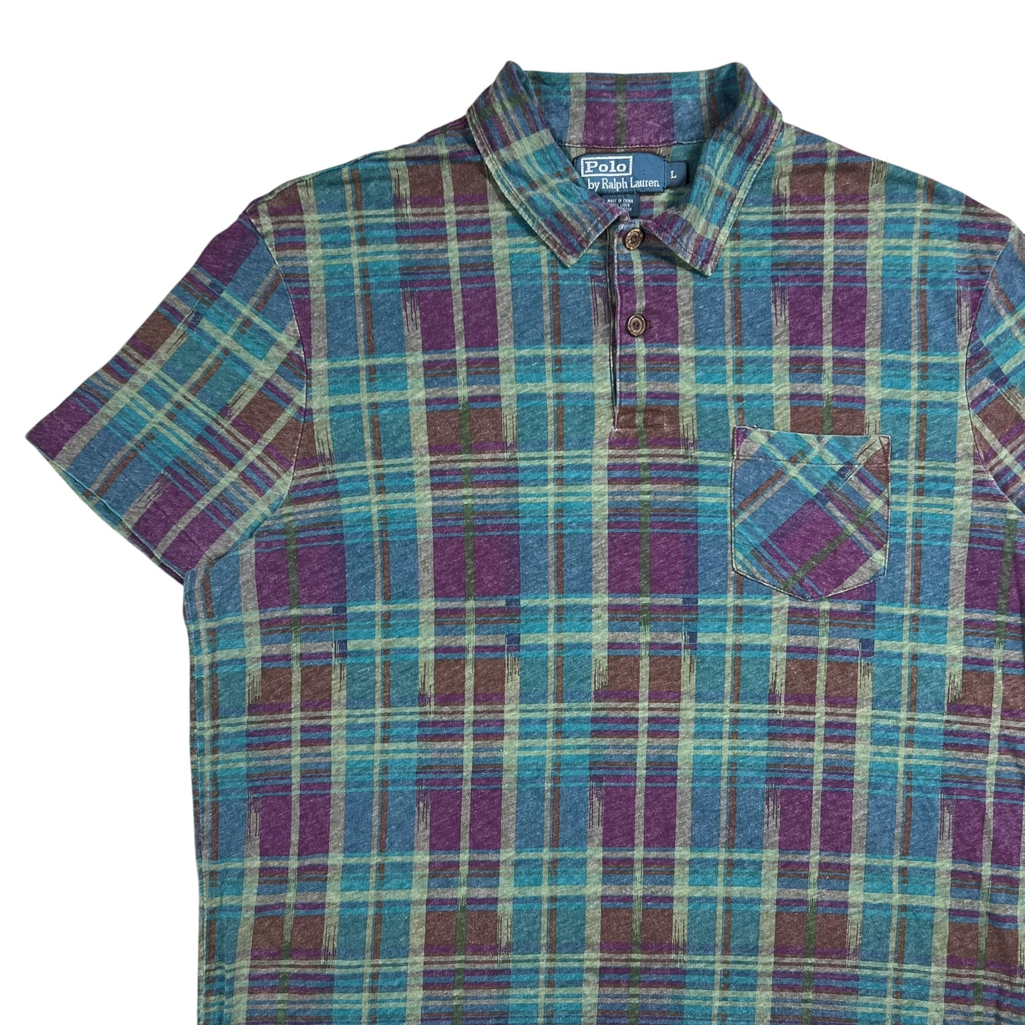 Vintage 90s Polo Ralph Lauren linen blend wood buttons plaid polo shirt (L)