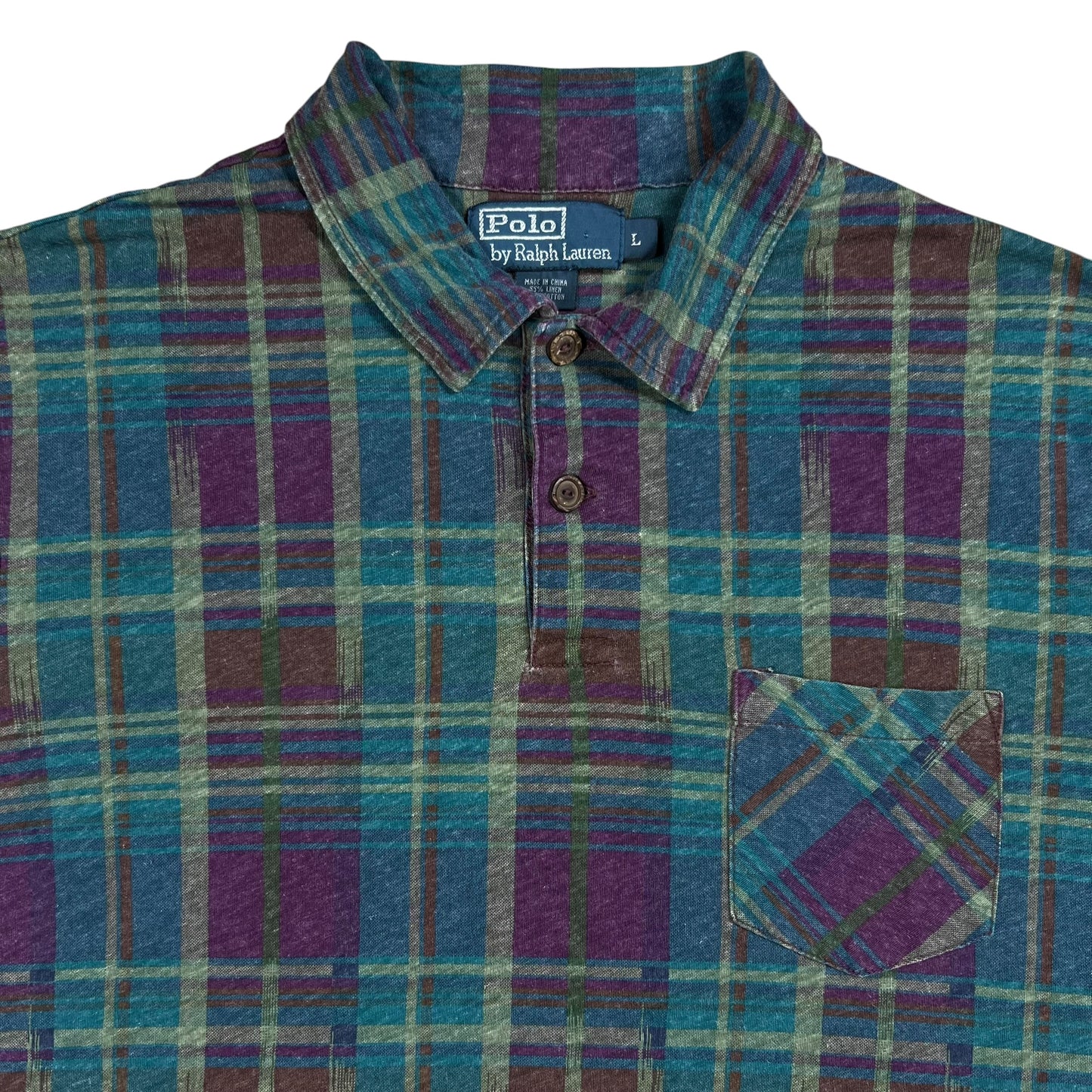 Vintage 90s Polo Ralph Lauren linen blend wood buttons plaid polo shirt (L)