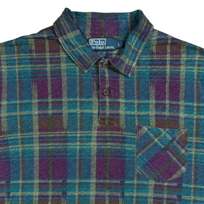 Vintage 90s Polo Ralph Lauren linen blend wood buttons plaid polo shirt (L)