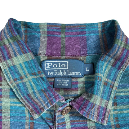 Vintage 90s Polo Ralph Lauren linen blend wood buttons plaid polo shirt (L)