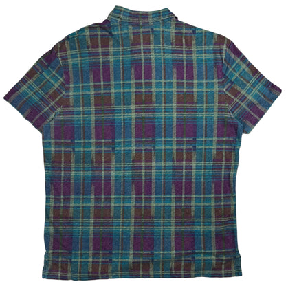 Vintage 90s Polo Ralph Lauren linen blend wood buttons plaid polo shirt (L)