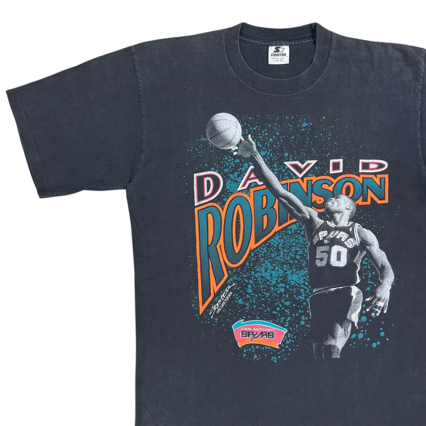 Vintage 1990 Starter San Antonio Spurs David Robinson faded NBA tee (L)