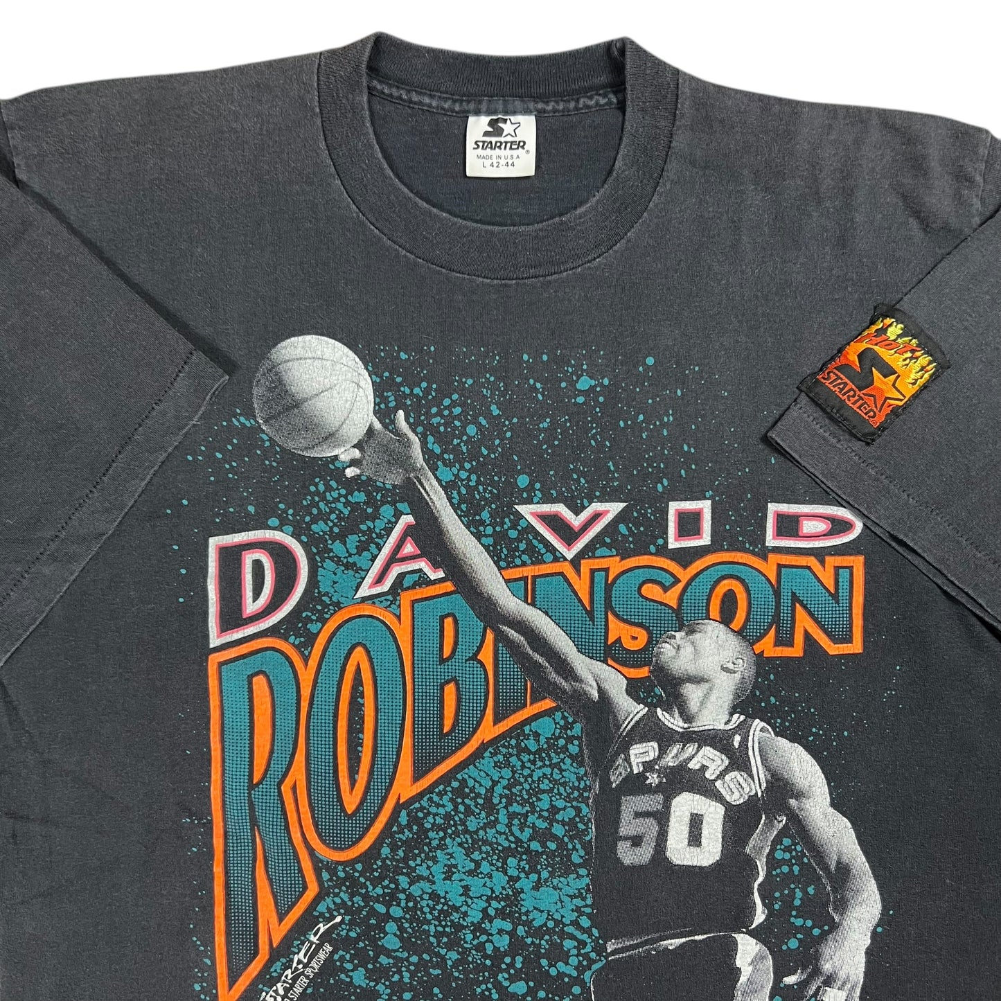 Vintage 1990 Starter San Antonio Spurs David Robinson faded NBA tee (L)