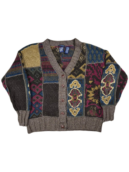 Vintage 90s GAP hand knit abstract women’s cardigan sweater (M)
