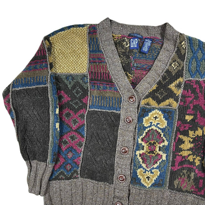 Vintage 90s GAP hand knit abstract women’s cardigan sweater (M)