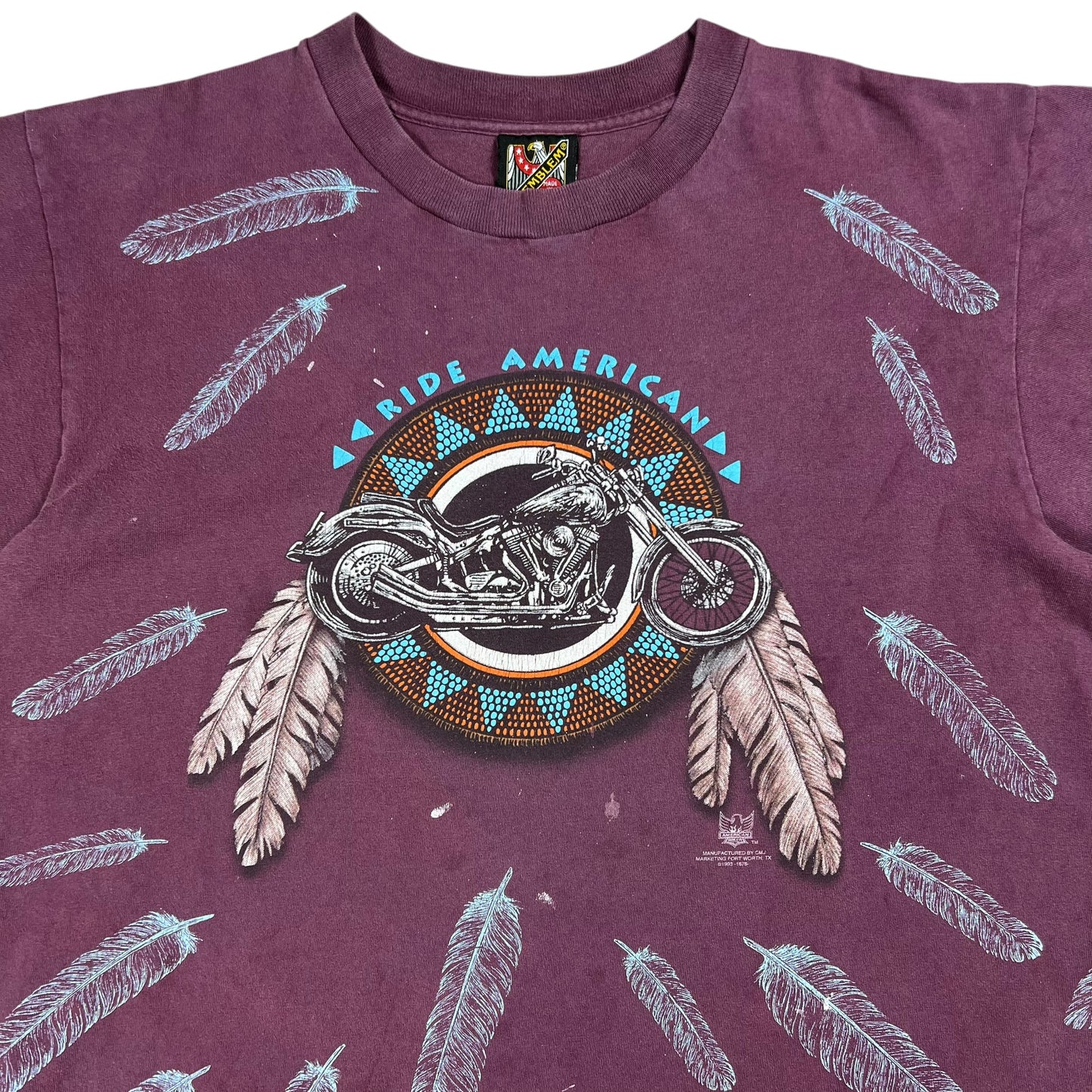 Vintage 1993 3D Emblem Ride American all over print faded biker tee (L)