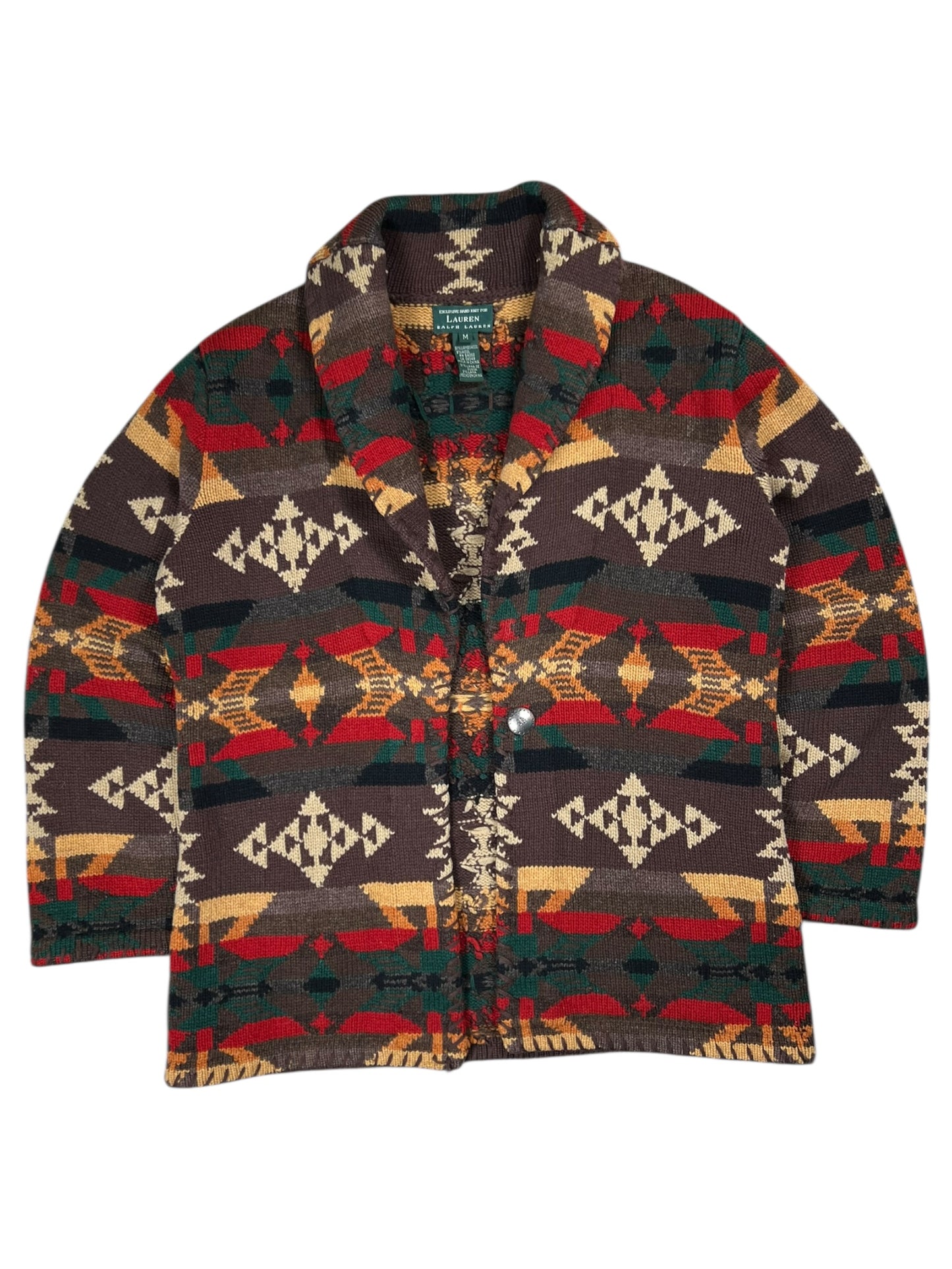 Vintage Hand Knit Ralph Lauren Southwest Navajo Blanket Aztec worn Cardigan Sweater (M)