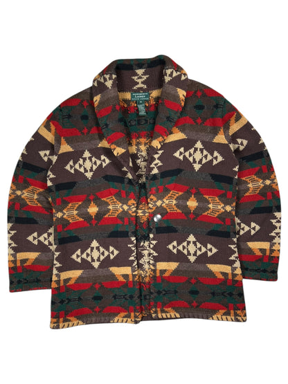 Vintage Hand Knit Ralph Lauren Southwest Navajo Blanket Aztec worn Cardigan Sweater (M)