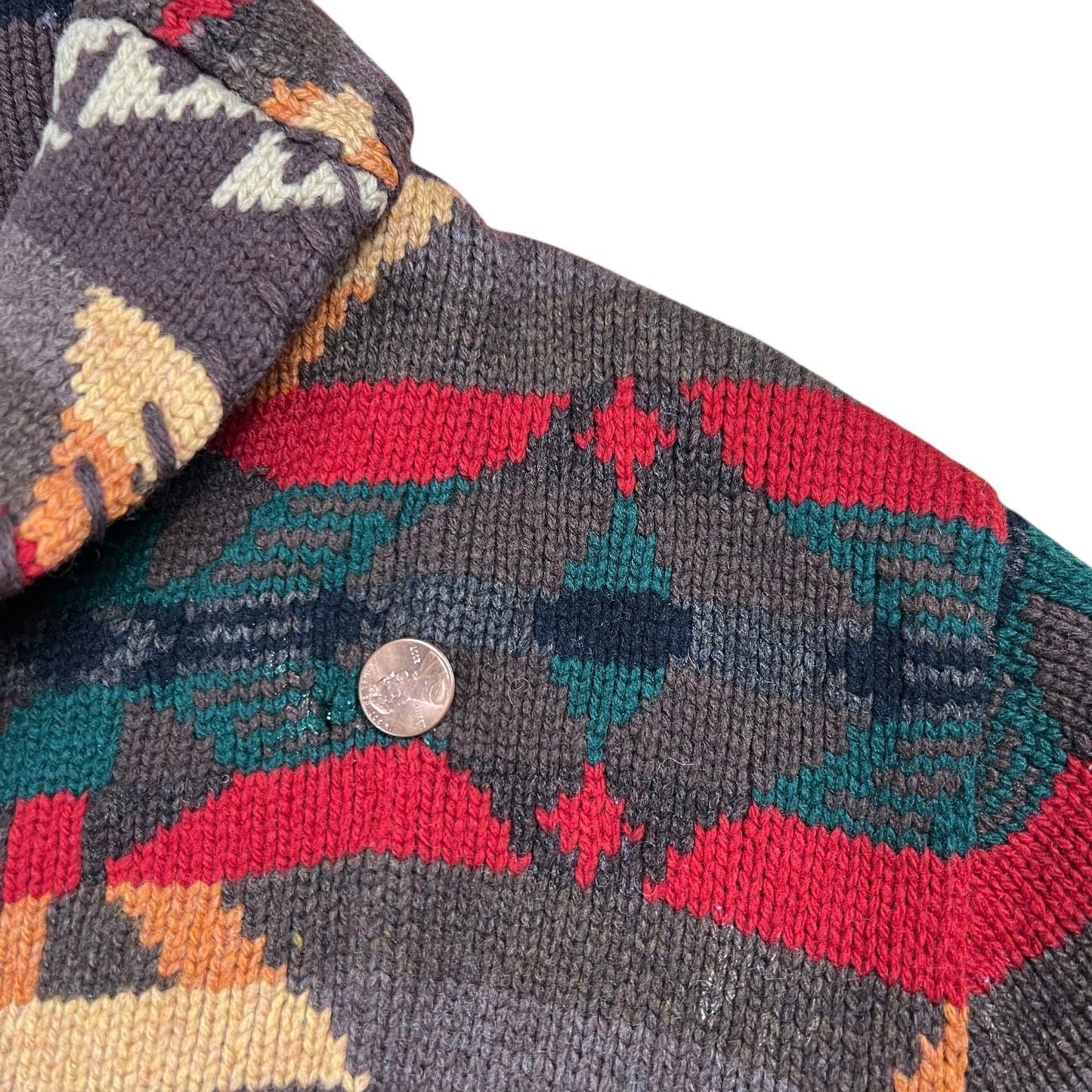 Vintage Hand Knit Ralph Lauren Southwest Navajo Blanket Aztec worn Cardigan Sweater (M)