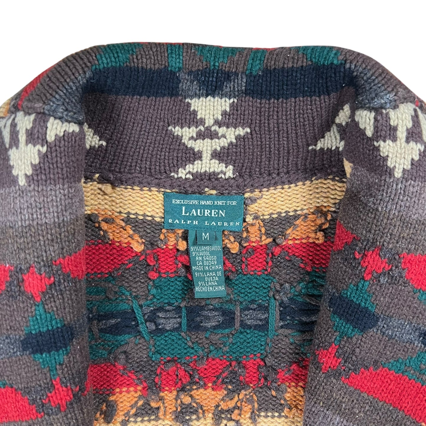 Vintage Hand Knit Ralph Lauren Southwest Navajo Blanket Aztec worn Cardigan Sweater (M)