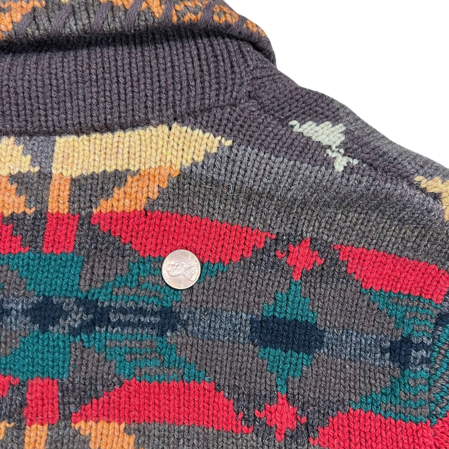 Vintage Hand Knit Ralph Lauren Southwest Navajo Blanket Aztec worn Cardigan Sweater (M)