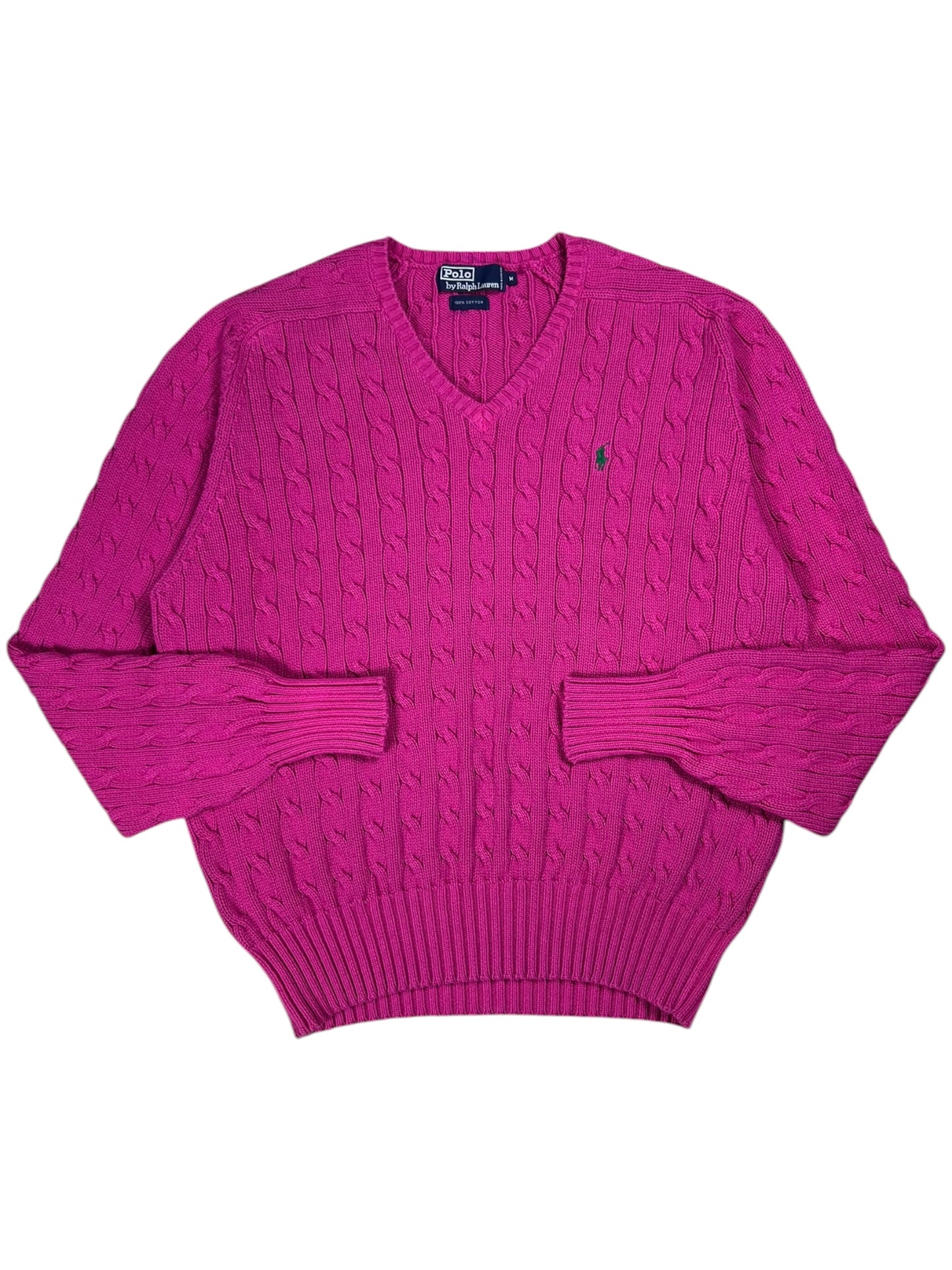Vintage 90s Polo Ralph Lauren pink mini horse 100% cotton v neck knit sweater (M)