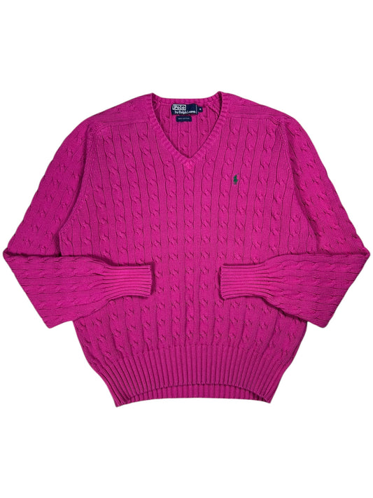 Vintage 90s Polo Ralph Lauren pink mini horse 100% cotton v neck knit sweater (M)