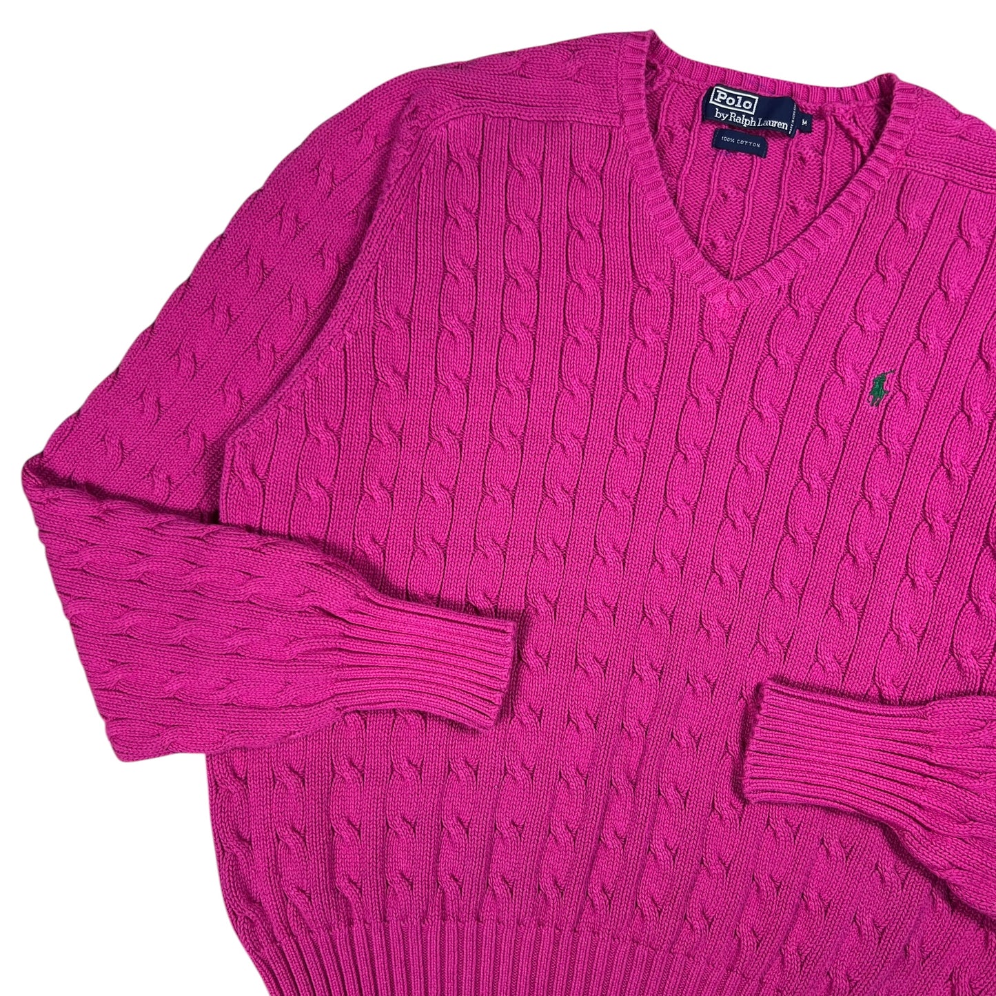 Vintage 90s Polo Ralph Lauren pink mini horse 100% cotton v neck knit sweater (M)